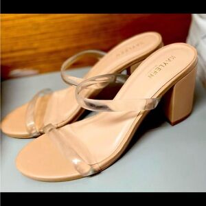 KAYLEEN By Los Angeles Nude Block Heel Sandals with Clear Straps